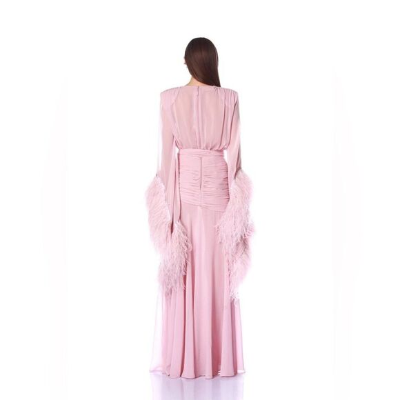 NWOT BRONX AND BANCO Geisha Pink Maxi Dress Feathered Gown | Retail $1100 - Picture 4 of 16